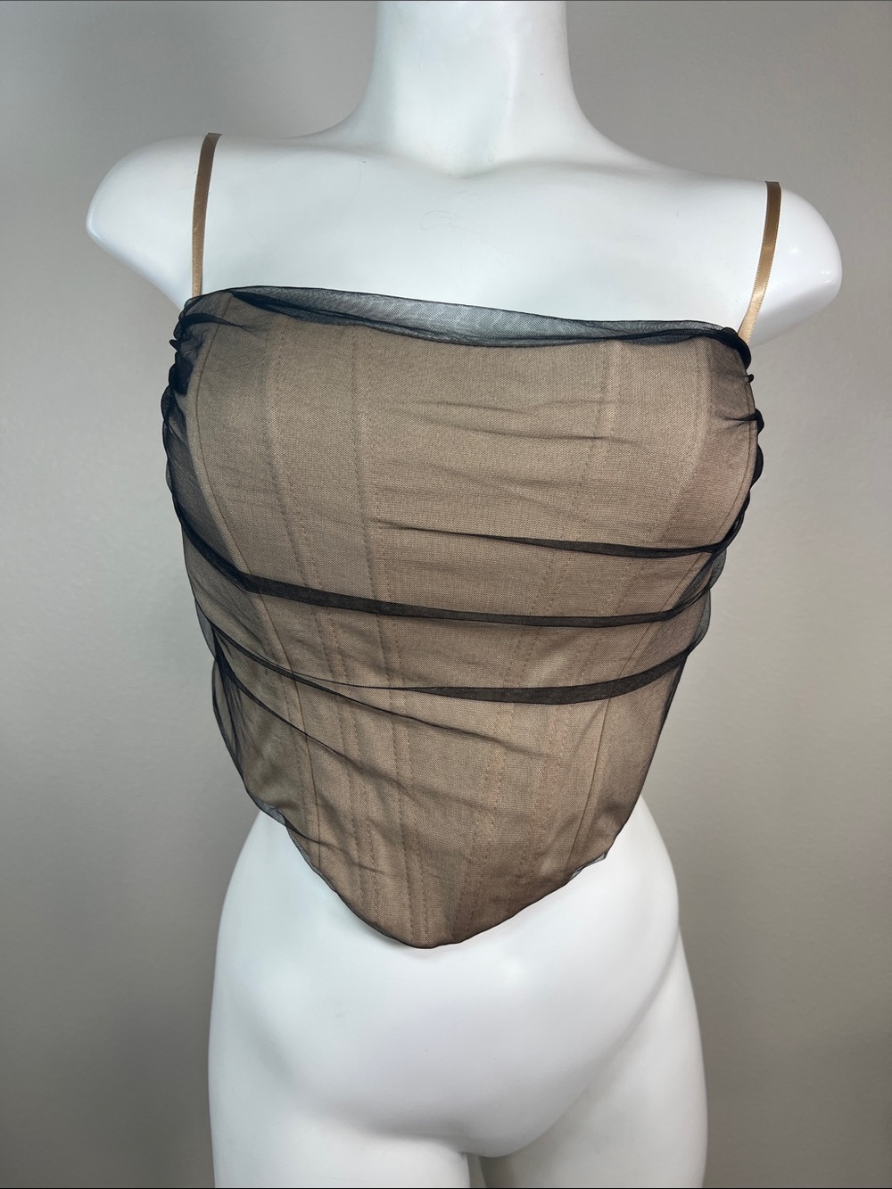 Windsor Taupe Corset Style Top with Black Sheer Overlay MEDIUM
